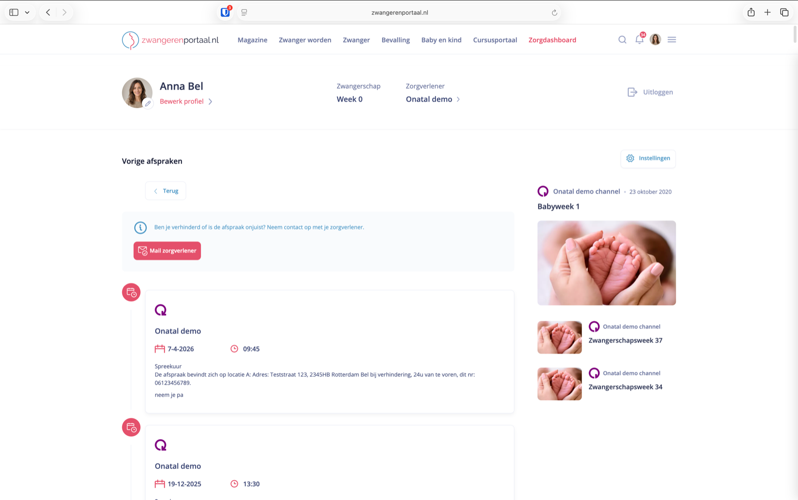 Afspraken in het zorgdashboard op een groot scherm, met datum, tijd en locatie van de demopraktijk
