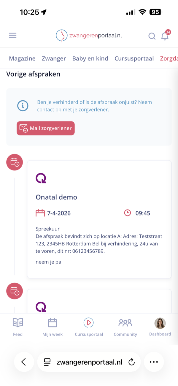 Afspraken in het zorgdashboard op een telefoon, met een knop om de zorgverlener te mailen