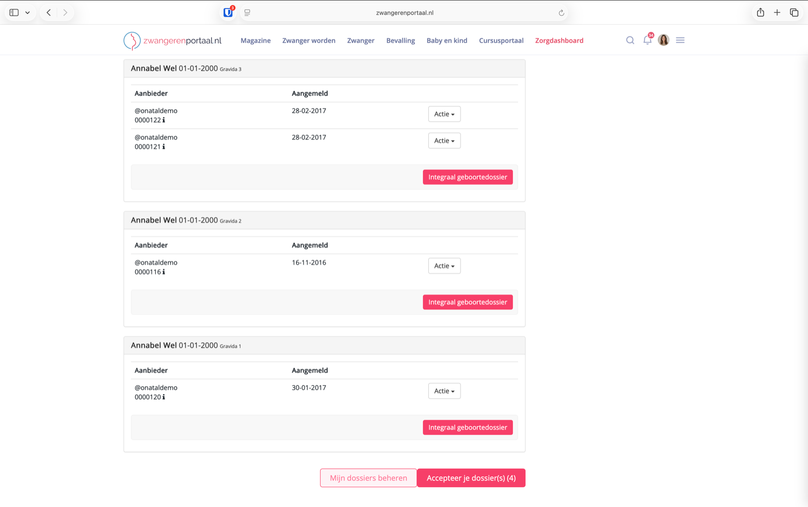 Dossieroverzicht in het zorgdashboard op een groot scherm, met gedeelde dossiers van de demopraktijk