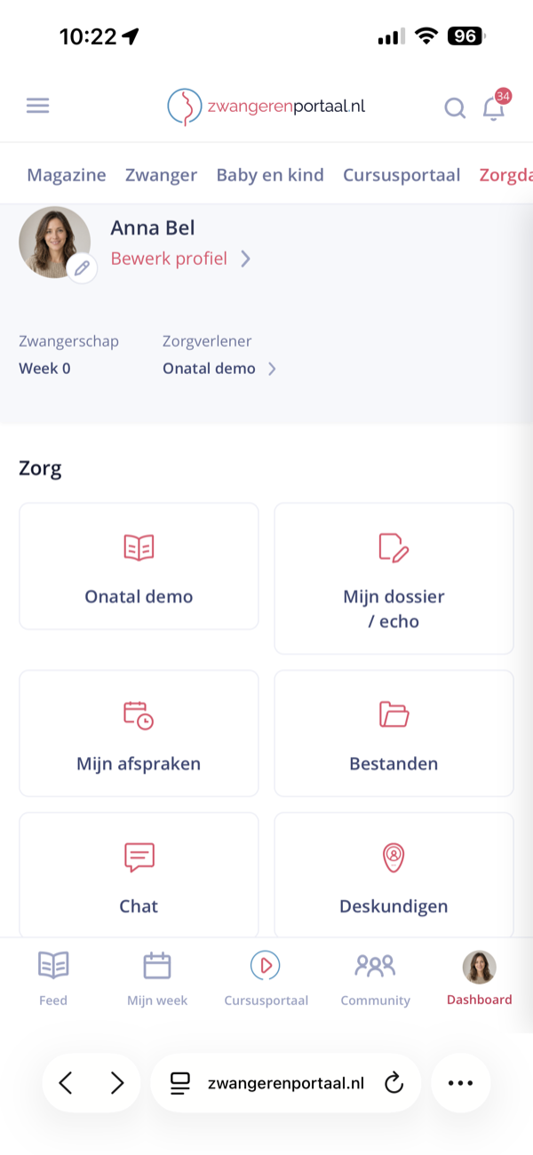 Dashboard van zwangerenportaal.nl op een telefoon, demopraktijk Onatal demo